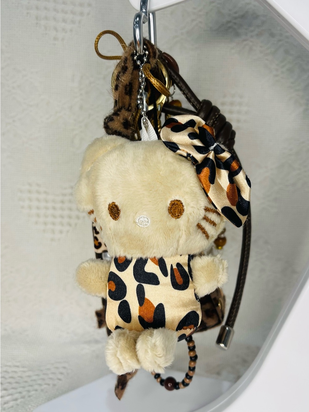 Sanrio Cream Plush Kitty Keychain with  Cheetah Print Outfit